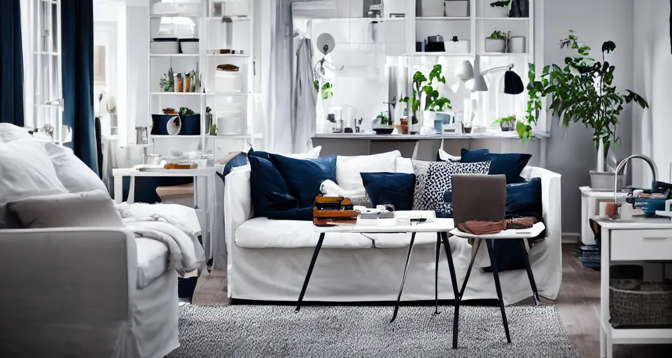 Prompt: IKEA catalogue photo of a living room by Wayne Barlow