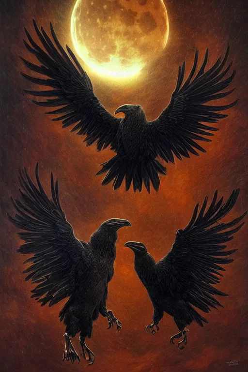 Image similar to Intricate stunning highly detailed surreal ravens by agostino arrivabene and Vladimir Kush, ultra realistic, Horror, dramatic lighting, full moon, blood moon, thick black swirling particle smoke tornado, fire embers, cgsociety