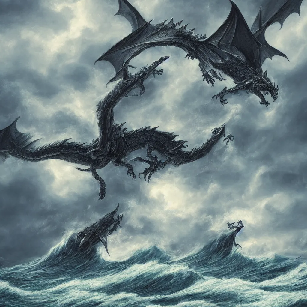 Image similar to a fantasy book style portrait of a giant dragon, stormy sea, giant waves, lightning, small boat, oil painting, 4 k