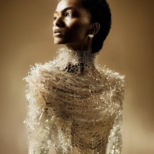 Prompt: full shot of a regal brown - skinned woman wearing an intricate armor made of many layers of ice. no makeup!! freckles!! haunting eyes. vulnerable. fragile. ethereal. elaborate. ice caves. glaciers. refracted light. extremely soft lighting. textures. delicate. translucent. by ray cesar. by louise dahl - wolfe. by andrea kowch. surreal photography.