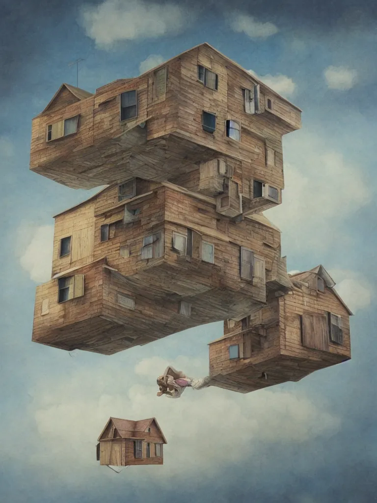 Image similar to artist cinta vidal painting on wooden canvas of 3 d house floating in the air, high detail colored pencil illustration,