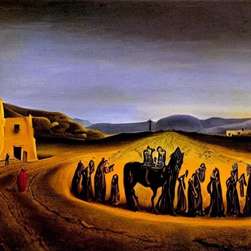 Image similar to A A Holy Week procession of souls in a Spanish landscape at night by Salvador Dali.