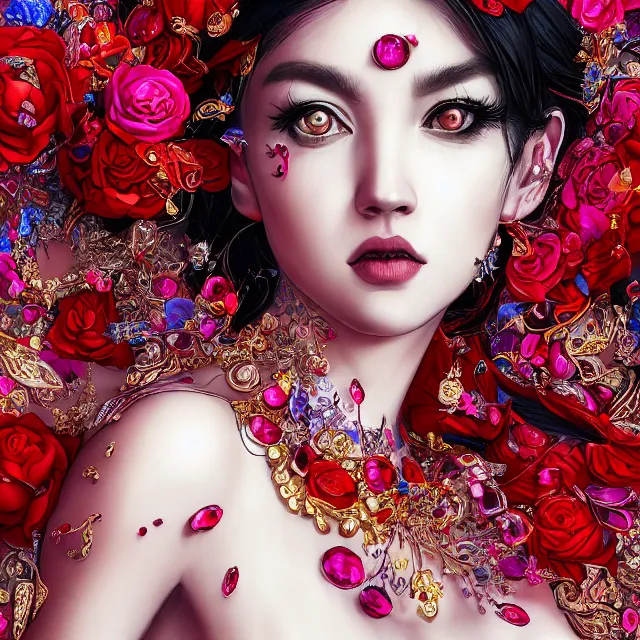 Image similar to studio portrait absurdly beautiful, elegant, graceful, young hypercolorful contrast sensual gravure idol rubies gems red petals, ultrafine hyperrealistic detailed face illustration by kim jung gi, irakli nadar, intricate linework, sharp focus, bright colors, matte, octopath traveler, final fantasy, unreal engine highly rendered, global illumination, radiant light, intricate environment