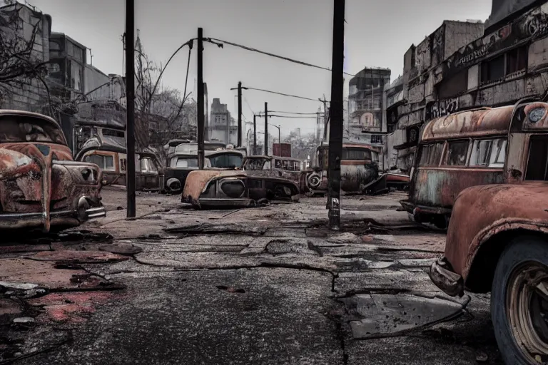 Prompt: low wide angle shot of dilapidated fallout 5, desolate rugged street, dilapidated neon signs, few rusted retro futuristic vintage parked vehicles like cars, ( ( ( buses, trucks, trams ) ) ), volumetric lighting, photorealistic, foggy, early evening, winter, sharp focus, ultra detailed, 4 0 0 0 k