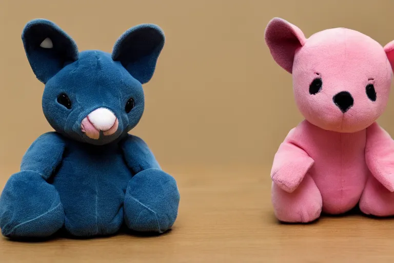 Prompt: a high quality 3 5 mm photo of a pink chubby stuffed animal kangaroo wearing a dark blue shirt, sitting on a couch, an ultrafine detailed photo, trending on artstation, sharp focus, baby toy