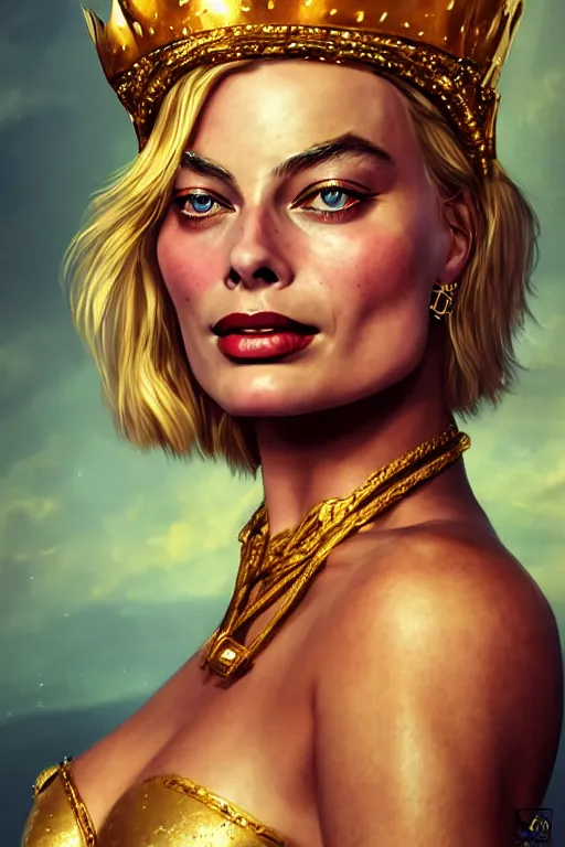 Prompt: Portrait of margot Robbie as a pirate queen with golden crown, elegant, photorealistic, highly detailed, artstation, smooth, sharp focus, gold ornaments, neon lighting, sci-fi, art by Klimt