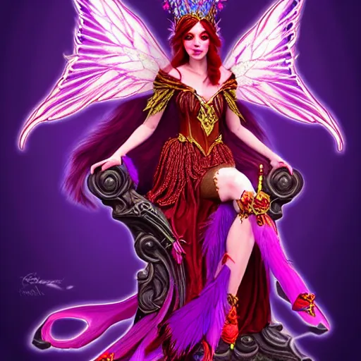 Image similar to Half Fey Princess sorceress with red flaming bird wings on her back and sitting on an ornate throne dressed in a fancy purple dress, Fantasy, Full Portrait, High detail, realistic, planeswalker