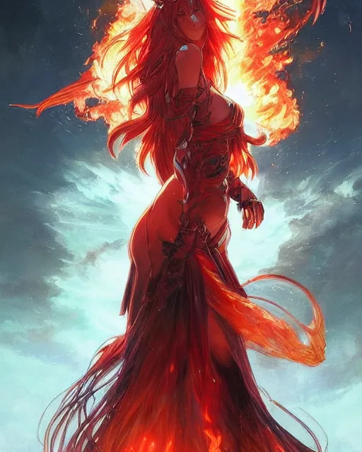 Image similar to red eyed beautiful long haired anime girl, fire dress, full body photo, flames everywhere, highly detailed, digital painting, artstation, concept art, smooth, sharp focus, illustration, art by artgerm and greg rutkowski and alphonse mucha