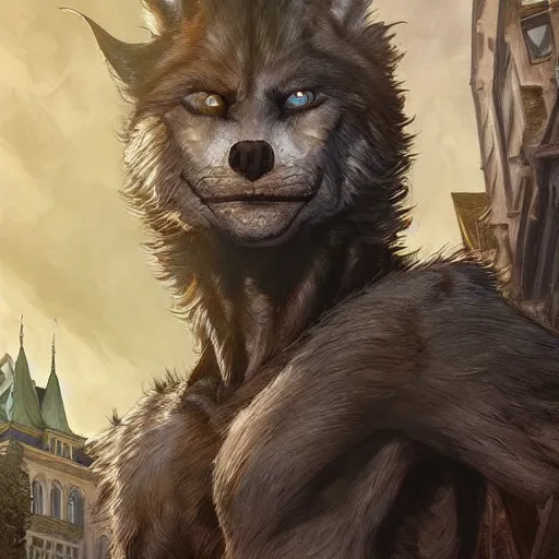 Prompt: werewolf in the city lviv high castle, portrait, highly detailed, full body, digital painting, trending on artstation, concept art, sharp focus, illustration, art by artgerm and greg rutkowski and magali villeneuve