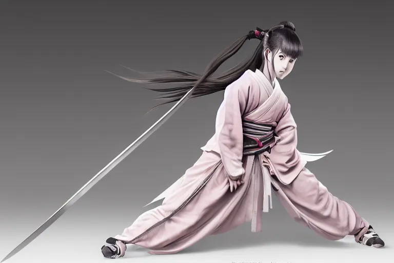 Prompt: beautiful photo of a young female samurai, practising sword stances, symmetrical face, beautiful eyes, realistic anime art style, large oversized anime style sword, highly detailed, 8 k, award winning photo, muted pastels, action photography, 1 / 1 2 5 shutter speed, dramatic lighting