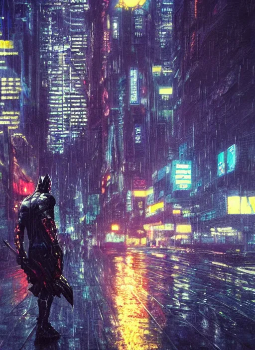 Image similar to cyberpunk batman, rule of thirds, russia, moscow, rain, lights, close - up, high quality, ultrarealistic, sculls, neon glow, 3 d, 8 k, ultra high detailed, by giger, trending on artstation, spotlight, by greg rutkowski, by da vinci, by van gogh, by jeremy mann, digital painting