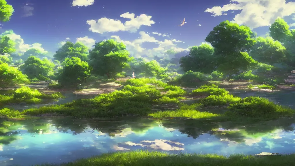 Image similar to a ultradetailed beautiful matte painting of a peaceful pond with a clear water and a magical wind blowing gently, anime landscape, high resolution 4 k, by makoto shinkai, charli bowater and artgeem