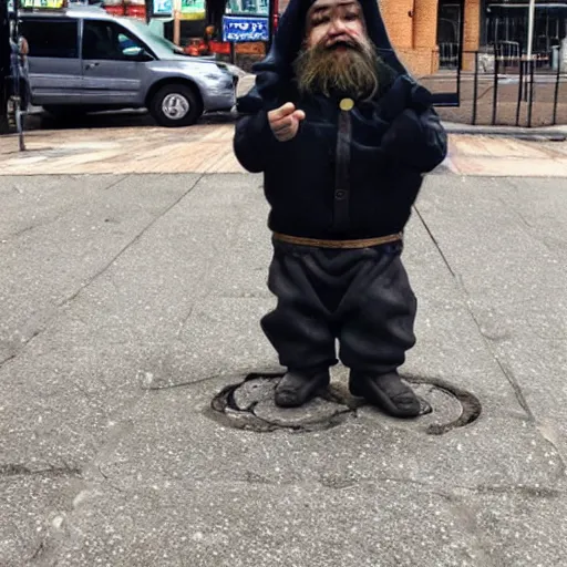 Image similar to gentle dwarf millennial from the metropolis writhes from reality on the streets of the underground suburb