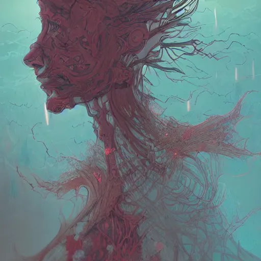 Prompt: dissociation, derealization, disconnection, fantasy illustration, detailed, abstract, amorphous, misty and eerie, organic, inhuman, rich colors