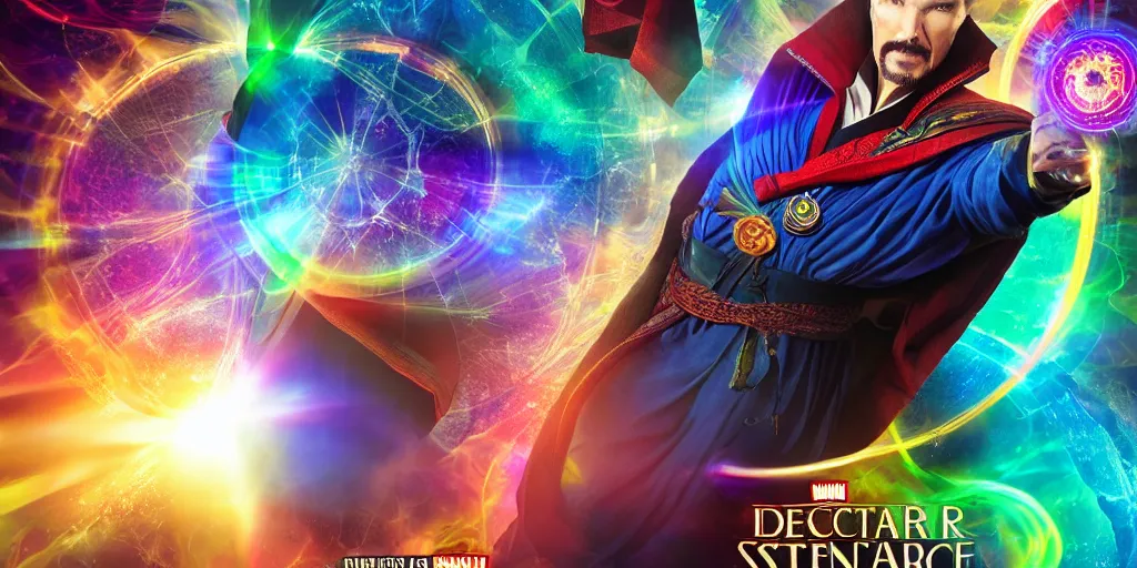 Image similar to doctor strange combined with waya steurbaut hero combination rainbow glowing suite high resolution film render 100k, photo realistic, epic, colourful close up shot