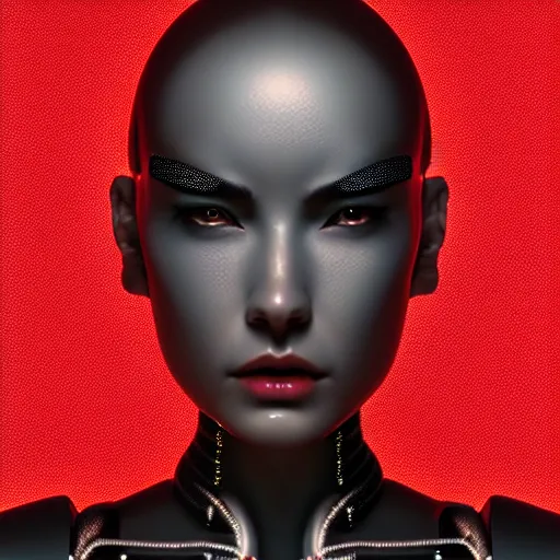 Image similar to ultra realist intricate detailed digital art of a single attractive cyborg female, red sky, full figure in dress, curvy, black scales on face and cyborg tech, symmetry accurate features, very intricate details, focus, high resolution, 4k, photo realistic, artstyle Alex Ries and Hiraku Tanaka, award winning