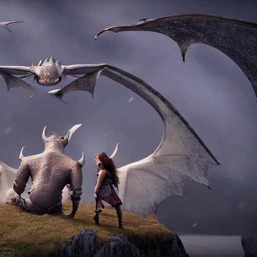 Image similar to movie clip of dragon with mantaray wings and a stingray tail made of stars in an old viking village filled with vikings and other dragons going about their day, cgi, in the style of how to train your dragon, cinematic, high resolution, cgi