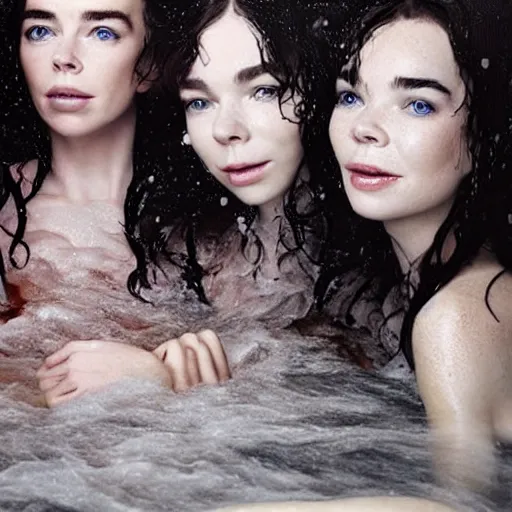 Image similar to stunning vogue magazine photo of dark - haired goddesses vanessa kirby, hailee steinfeld, and bjork smiling, legs intertwined, in a bubble bath, with wet faces!!, wet lips, smooth skin, perfect eyes, insanely detailed, elegant, by wlop, rutkowski, livia prima, mucha, wlop,