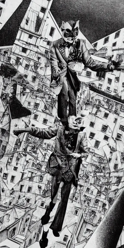 Image similar to faceless man flies through an MC Escher city, wearing a comedy mask in elizabethan boots and ruff, dramatic theater lighting