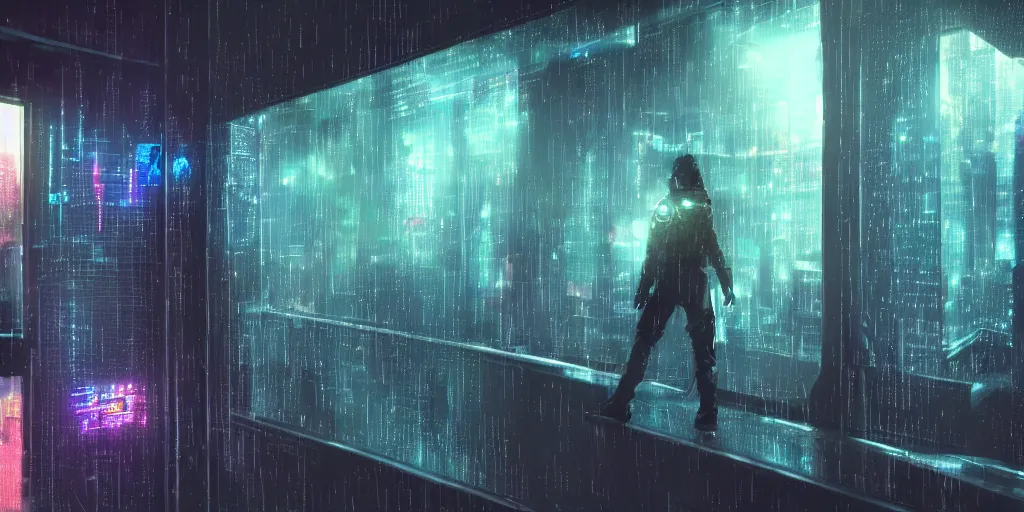 Image similar to one cyber person of cosmic nebula galaxy watching a rainy cyberpunk futuristic city from behind at night through a window, 4 k, photorealistic, wet, highly detailed, cinematic moody by ridley scott, trending on artstation, glowing and epic