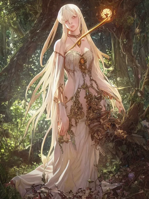 Image similar to anime key visual of amora the enchantress wearing a medieval gown!! intricate, magical forest, stunning, highly detailed, digital painting, artstation, smooth, hard focus, illustration, art by artgerm and greg rutkowski and alphonse mucha