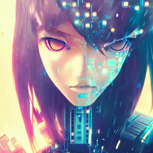 Image similar to beautiful cyborg girl!!!, rainfall!!, water refractions!!, black long hair!, colorful reflective eyes, full round face!, biomechanical details, digital cyberpunk anime!! art, full body!!!, mid - shot, reflections, wlop, ilya kuvshinov, artgerm