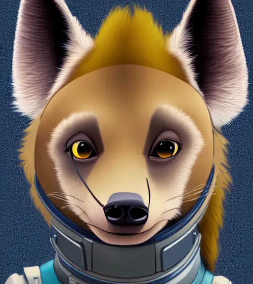 Image similar to digital detailed portrait of anthromorphic female hyena, in style of zootopia, fursona, furry, furaffinity, 4 k, deviantart, wearing astronaut outfit, in style of disney zootopia, floating in space, space background, hyena fursona, cyberpunk, female, detailed face, style of artgerm,