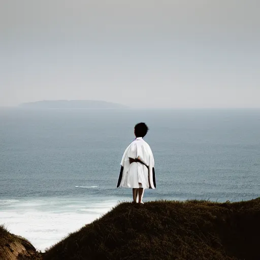 Prompt: A lone samurai on a cliff overlooking a vast ocean, 50mm lens, beautiful, majestic, serene, by Hsiao-Ron Cheng