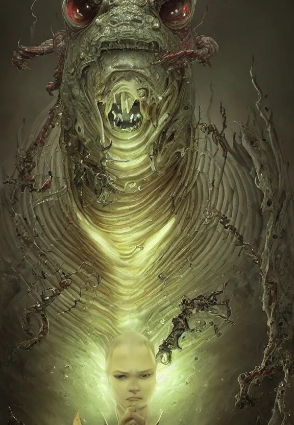 Image similar to portrait of a bloodied ornate filigreed slime dripping genderless insect alien monster, muscles, rippling, space warping and twisting, ultra realistic, concept art, intricate details, eerie, highly detailed, photorealistic, octane render, 8 k, unreal engine. art by artgerm and greg rutkowski and alphonse mucha