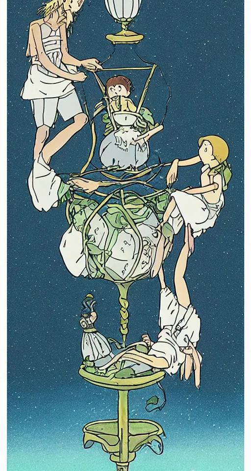 Prompt: the three of cups tarot card as drawn by studio ghibli, whole card, white frame