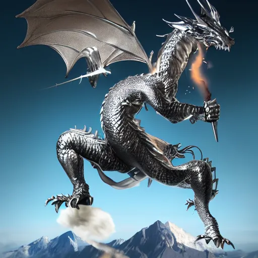 Prompt: a silver dragon wearing jackpack throwing a bomb into the mountain