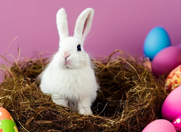 Image similar to a 3 5 mm photo of a cute fluffy lop eared bunny sitting in an easter basket full of colorful easter eggs, bokeh, canon 5 0 mm, cinematic lighting, film, photography, golden hour, depth of field, award - winning