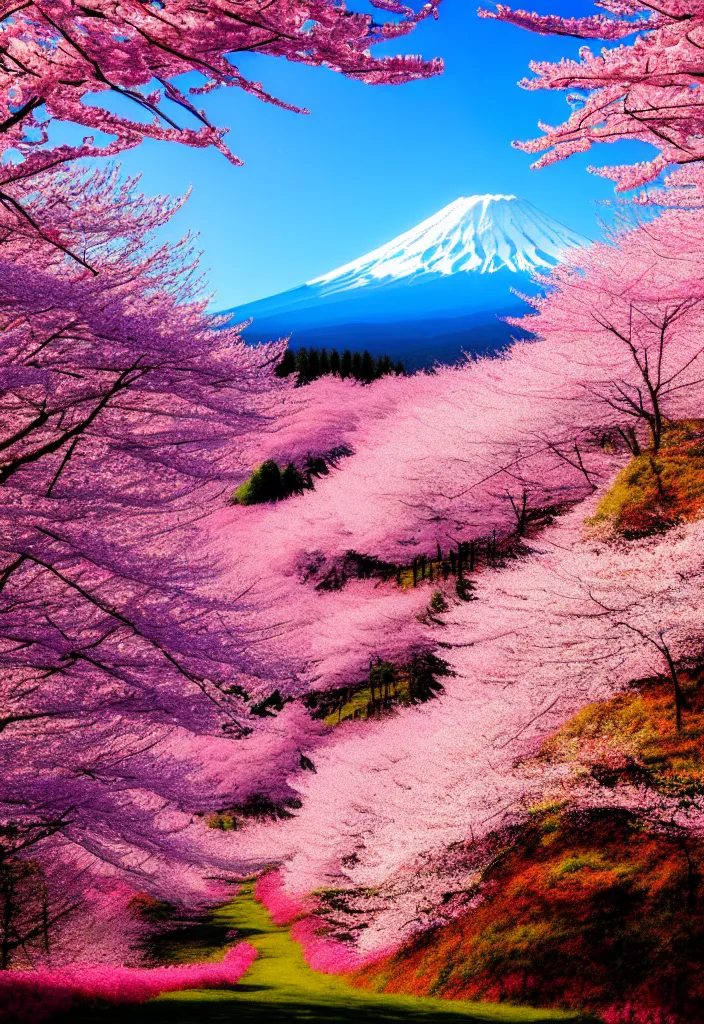 Image similar to a real photographic landscape painting with incomparable reality, wide angle, in forest, flowers, cherry blossom tree in full bloom, bright style, mount fuji, clearing, 8 k, magnificent, artstation