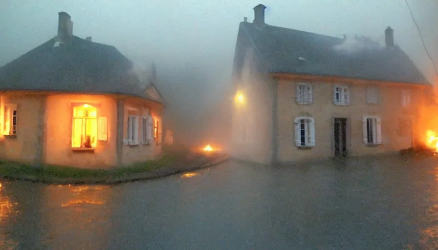 Image similar to mini dv camera found footage of a heavy burning french style little house by night, rain, foggy, in a small northern french village, heavy grain, very low quality, high detail, dramatic light