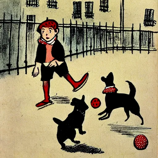 Image similar to illustration of french boy on the streets of paris playing football against a corgi, the dog is wearing a polka dot scarf, comic, 1 9 6 2