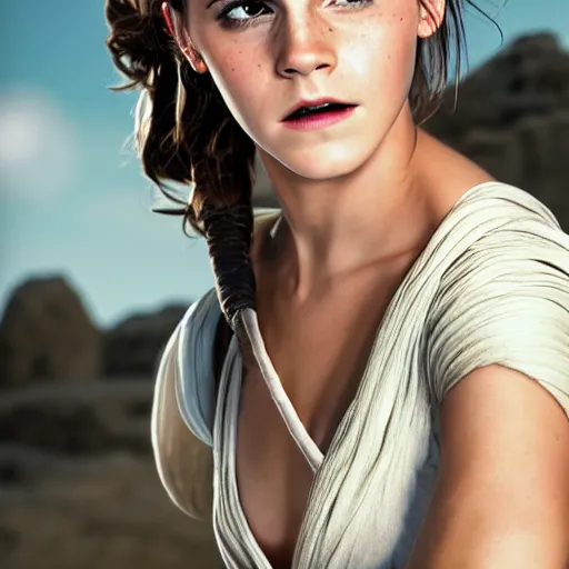 Image similar to Emma Watson modeling as Rey in Star Wars, (EOS 5DS R, ISO100, f/8, 1/125, 84mm, postprocessed, crisp face, facial features)