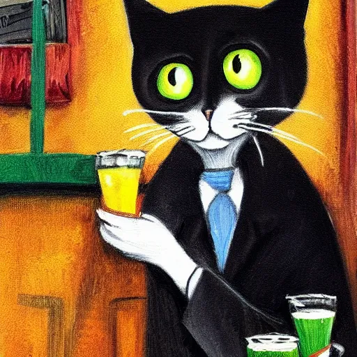 Prompt: a sleepy cat investigator orders a pint at the local Irish pub, colorful, oil painting in the style of Tim Burton,