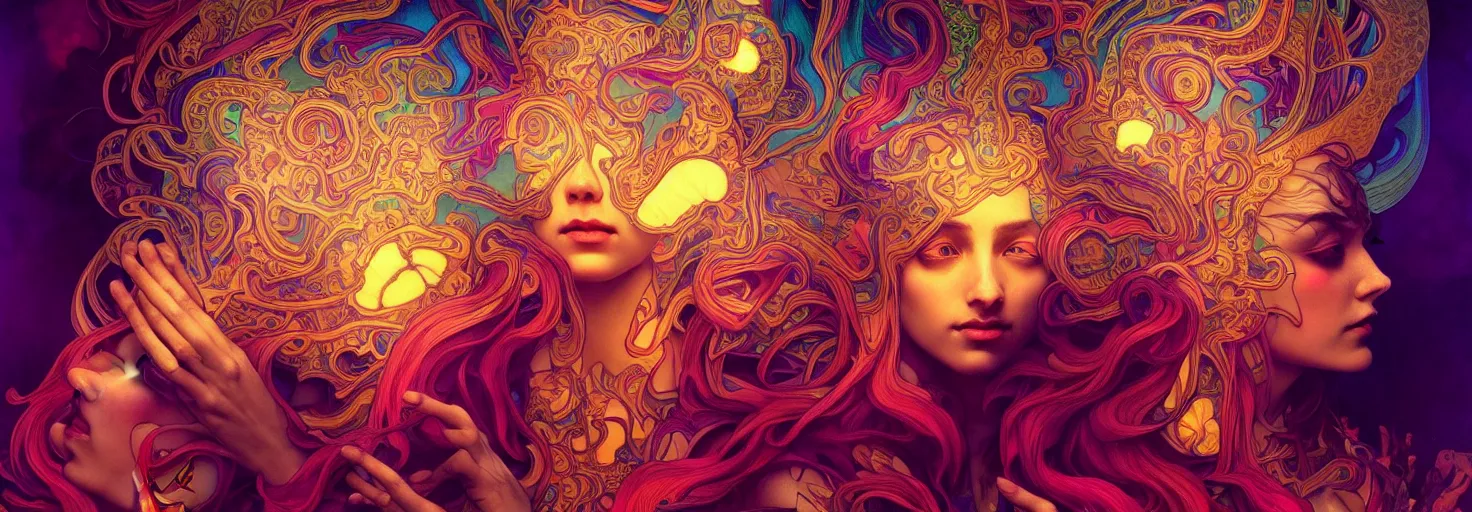 Image similar to An extremely psychedelic experience, colorful, surreal, dramatic lighting, psilocybin, LSD, centered, face, detailed, intricate, elegant, highly detailed, digital painting, artstation, concept art, smooth, sharp focus, illustration, art by Marco Plouffe, Krenz Cushart and Artem Demura and alphonse mucha