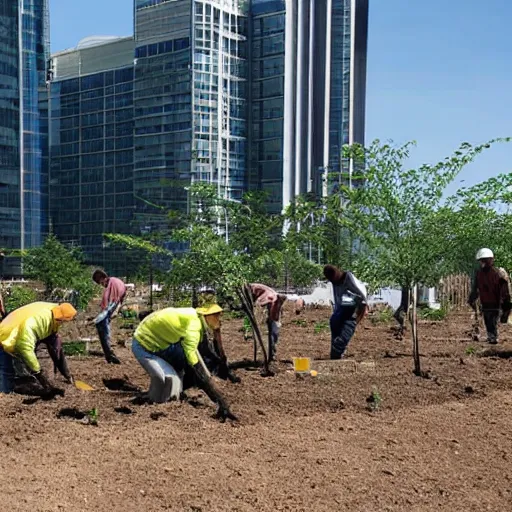 Image similar to a group of workers planting trees in front of a clean white sci fi containment building with a utopian city in the distance