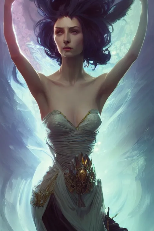 Image similar to beautiful sorceress, accurate anatomy, only two hands, highly detailed, digital painting, artstation, concept art, smooth, sharp focus, illustration, Unreal Engine 5, 8K, art by ross tran and greg rutkowski and alphonse Mucha and Frank Frazetta