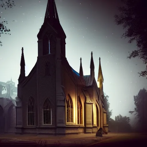 Image similar to victorian church in the middle of the city, dark, misty, at night, 8 k, detailed, concept art, trending on artstation