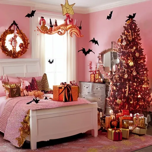 Image similar to homemade pink and gold halloween themed christmas bedroom ideas, high resolution, creative, visually appealling