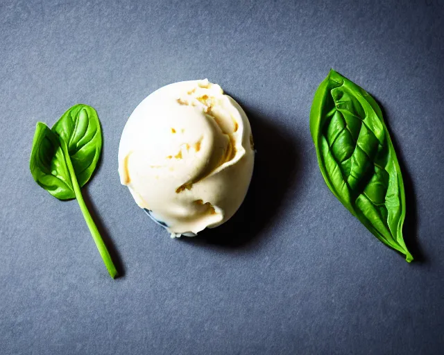 Image similar to dslr food photograph of vanilla ice cream with ketchup on, a leaf of basil on the ice cream, 8 5 mm f 1. 4