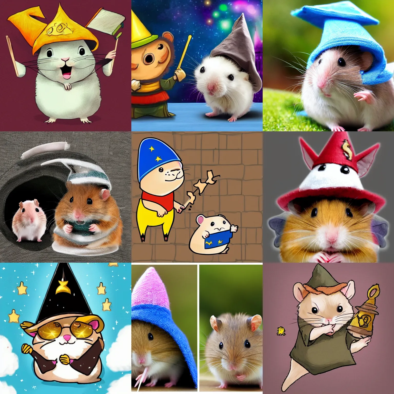 Prompt: Hamster in a Wizard Hat, fighting Harry Potter