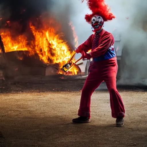 Image similar to photo of a clown using a flamethrower. In the background there is a fire. award-winning, highly-detailed, 8K