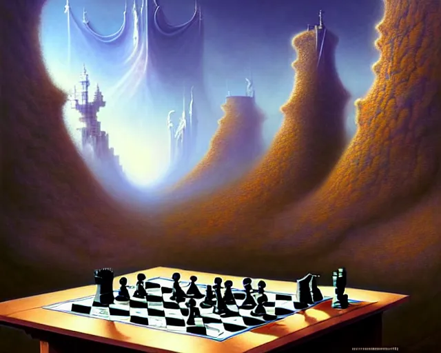 Prompt: street view of two gods playing chess with humans, fantasy landscape made of fractals facing each other, ultra realistic, wide angle, intricate details, the fifth element artifacts, highly detailed by peter mohrbacher, hajime sorayama, wayne barlowe, boris vallejo, aaron horkey, gaston bussiere, craig mullins