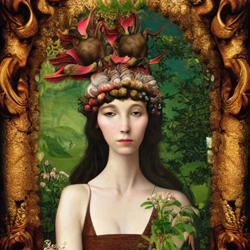 Image similar to a detailed portrait of young woman in renaissance dress and a surreal renaissance headdress, very surreal garden, strange creatures, by christian schloe and botticelli, naotto hattori, amy sol