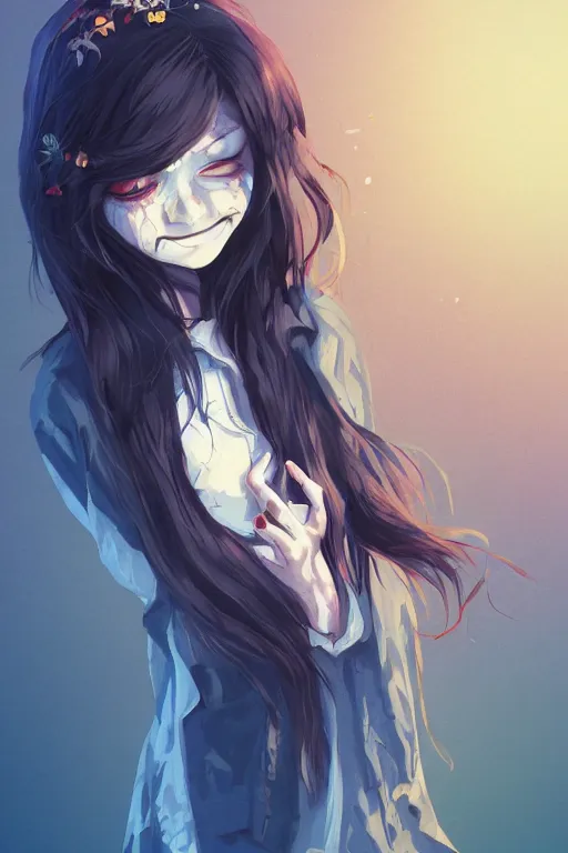 Prompt: urban school zombie girl in tattered clothes setting things on fire fanart, dark blue long hair, muted colors, matte print, pastel colors, ornate, digital art, cute smile, digital painting, fan art, elegant, pixiv, by Ilya Kuvshinov, by Studio Ghibli