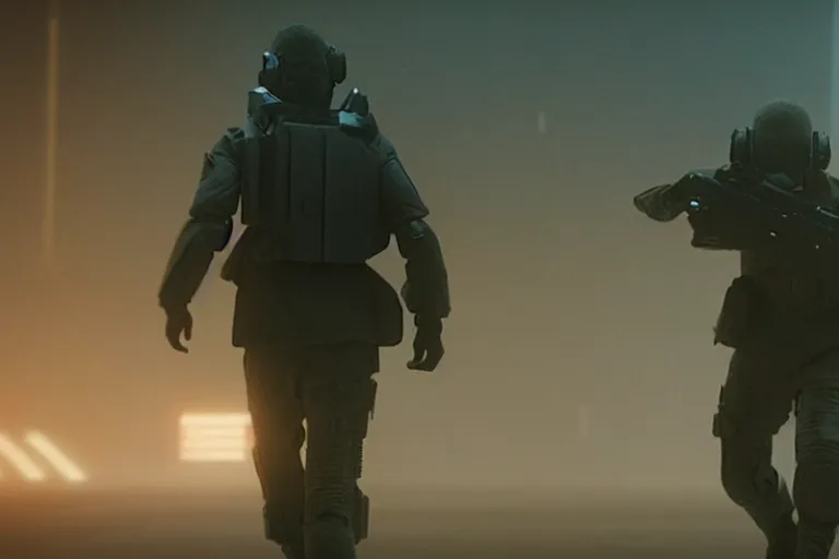 Prompt: vfx film, blade runner 2 0 4 9 futuristic soldiers shoot at enemy robots futuristic war, battlefield war zone, shootout, running, shooting, explosion, leaping, flat color profile low - key lighting award winning photography arri alexa cinematography, big crowd, hyper real photorealistic cinematic beautiful, atmospheric cool colorgrade