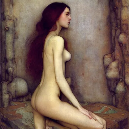 Prompt: masterpiece full body portrait of a beautiful woman with a perfect body wearing silk slip in a dungeon setting, by Edgar Maxence and Ross Tran and Michael Whelan and Gustav Klimpt